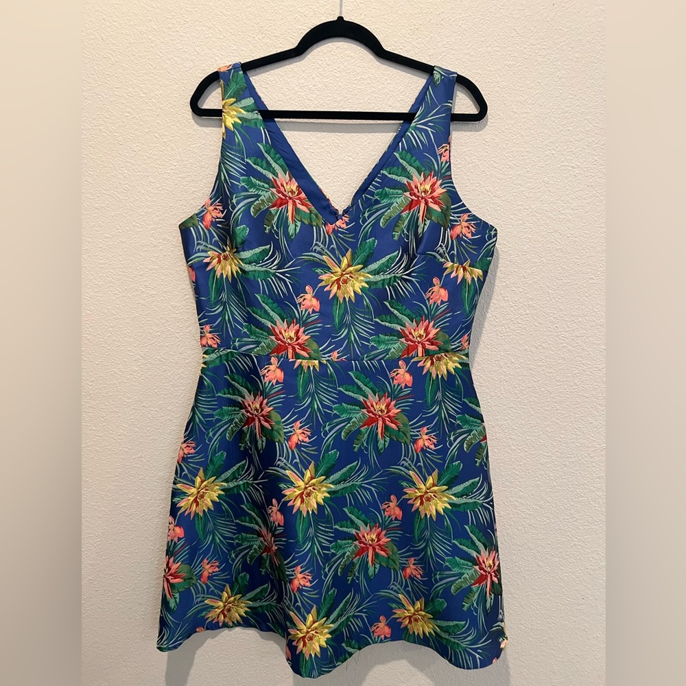 CeCe Brocade Fit & Flare Dress Blue Tropical Print Sleeveless Short Size 14